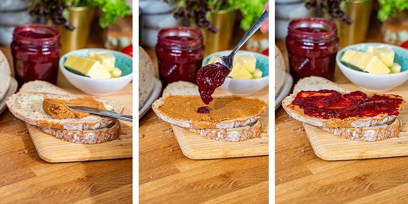 Smeer Je Pindakaas En Jam Op Één Stuk Brood (Met De Boterkant Naar Boven)