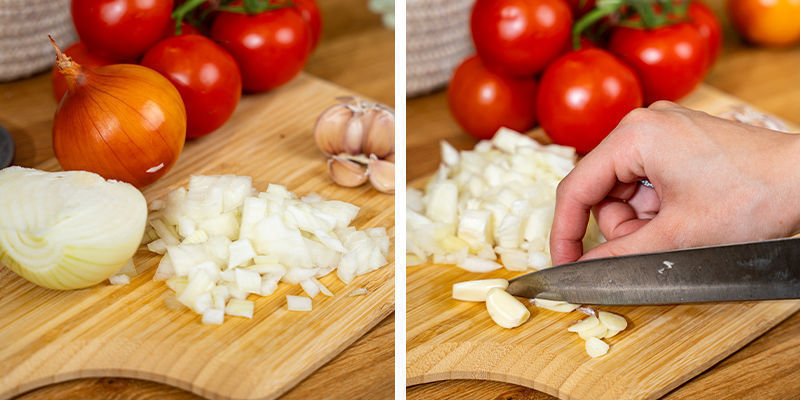 Snipper De Uien, Hak De Knoflook En Snijd De Tomaten In Blokjes (Als Je Verse Gebruikt). Zet Deze Ingrediënten Even Apart