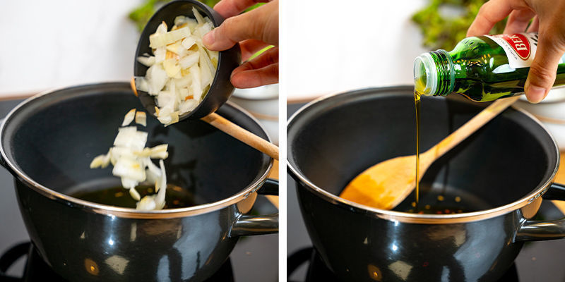 Verhit Wat Kokos- Of Olijfolie In Een Pan En Fruit De Uien. Zodra Ze Glazig Zijn, Voeg Je De Knoflook Toe. Bak Nog Een Minuut, Tot Je De Knoflook Ruikt